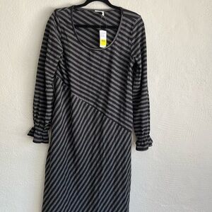 SUZANNE Betro Woman Charcoal/ Black Stripe Scoop Neck Shirttail Midi Dre…